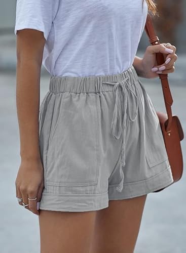 Dokotoo Summer Shorts For Women Juniors Casual Comfy Drawstring Elastic Waist Cotton Pocketed Shorts Fashion Tie Waist Shorts Pants Grey Medium #TOP2