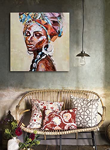 Large Canvas Prints Wall Art Photo For Home, African American Black Girl Oil Paintings, 3D Hand Painted Colorful Modern Indian Worman Pictures For Bedroom, Living Room, Ready To Hang 36X36 Inches #TOP3