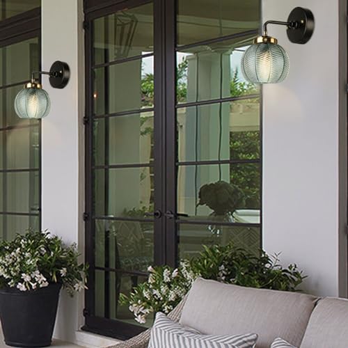 Image of Black Gold Bathroom Light Fixture Green 1-Light Bathroom Vanity Lamp | Mid Century Vanity Light Art Deco Light with 15cm /5.9″‌ Globe Glass Ribbed Lamp Shade for Over Mirror Bedroom Hallway 2 Pack