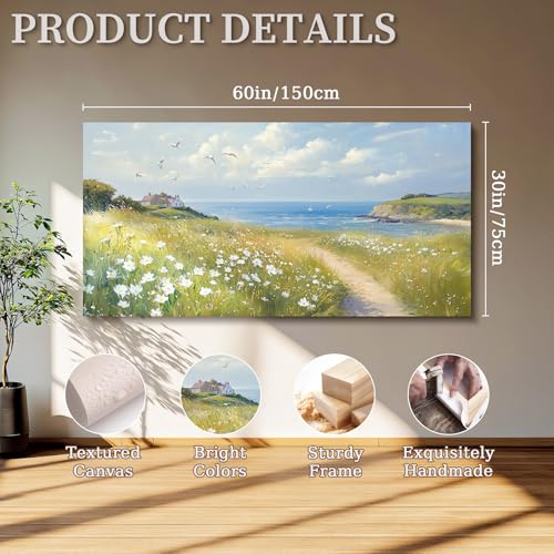 SERIMINO Seaside Nature Large Wall Art, Coastal Landscape Big Canvas Prints, Meadow Wildflowers Pictures Wall Decor, Sunny Scenery Home Decorations for Living Room Bedroom Farmhouse Cottage 30"X60"