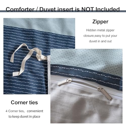 Image of EAVD Cotton Duvet Cover Full Size White Grey Blue Striped Bedding Set with 2 Pillowcases Modern Geometric Striped Duvet Cover with Zipper Closure