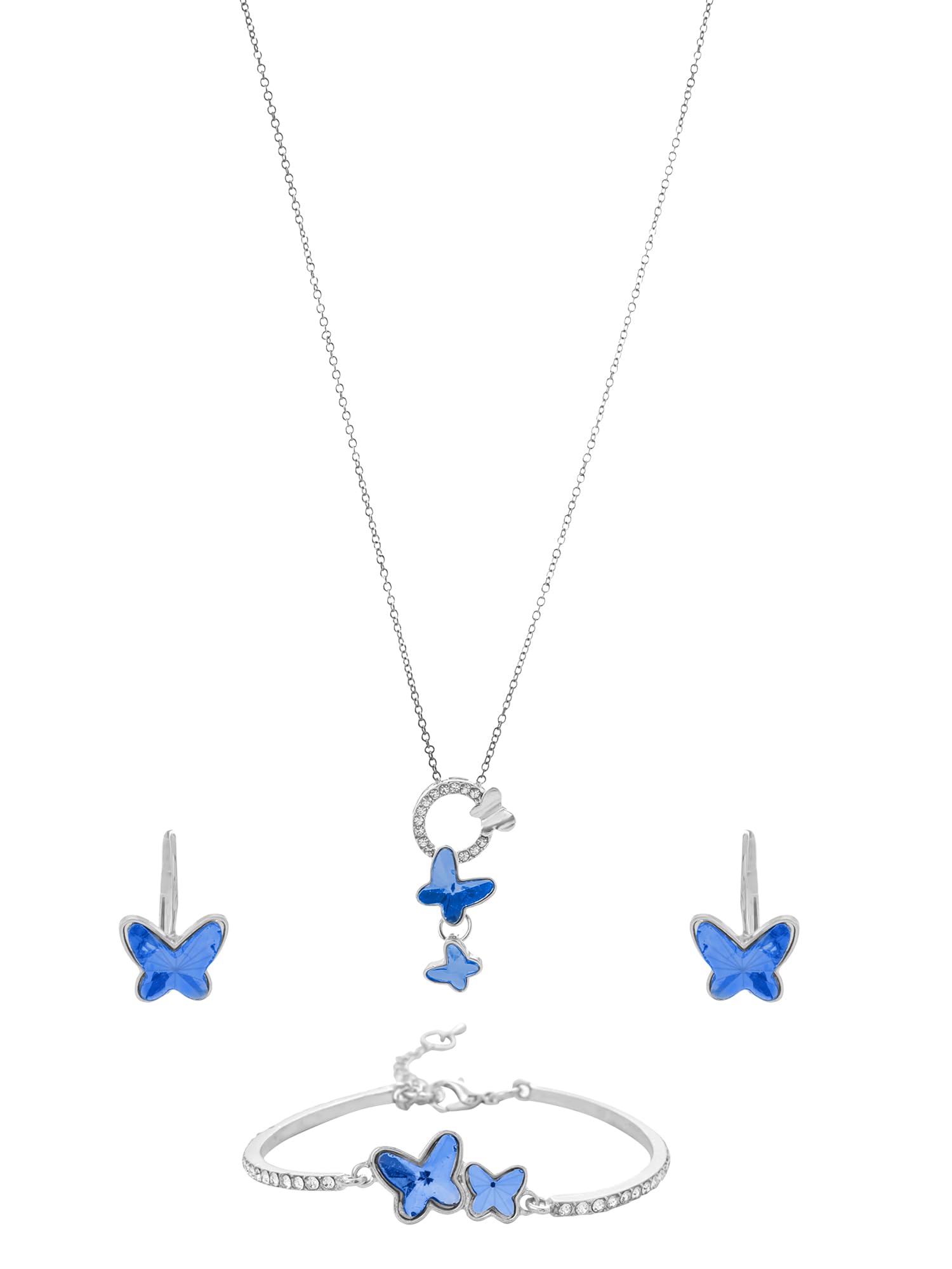 YELLOW CHIMES Silver Tone Blue Crystal Butterfly Pendant Jewellery Set for Women