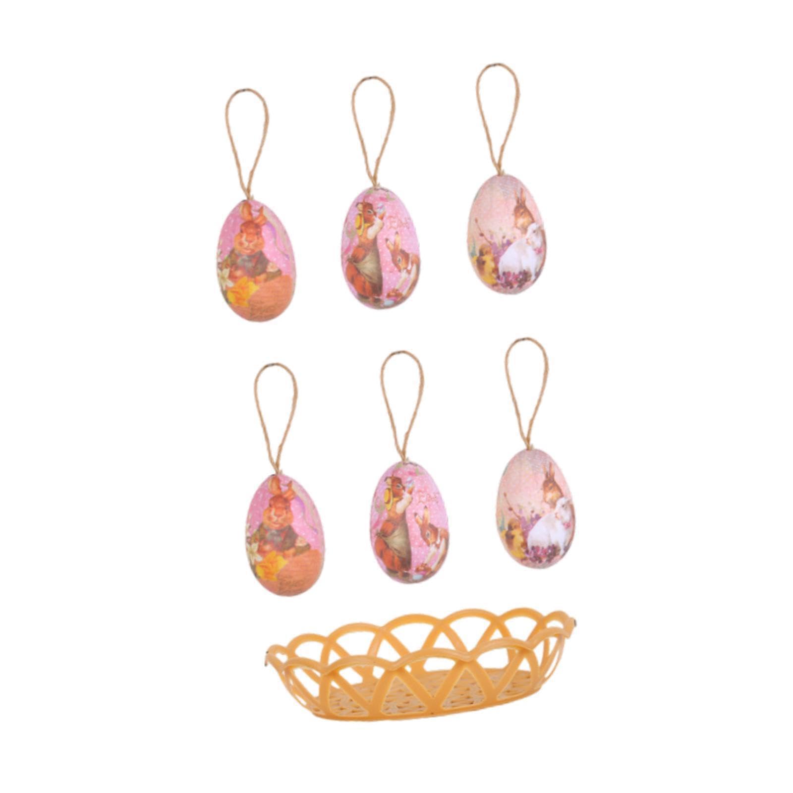 PUXZYAX Friend Gift Home Decoration Art Crafts Decorative Colorful Easter Eggs Decorations With Basket Easter Hanging Ornament Can Decorate Home Hanging, Double Bunny Print, Basket 14x3cm