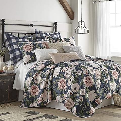 Levtex home - Fiori Quilt Set - King Quilt (106x92in.) + Two King Pillow Shams (36x20in.) - Floral - Charcoal, Coral, Pink, Green, Cream - Reversible - Cotton Fabric Cover