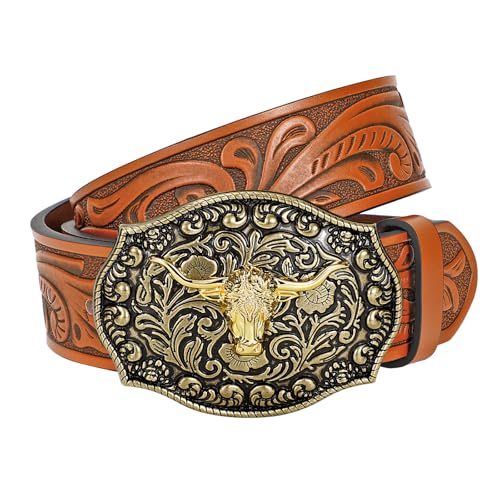 Mens Western Cowboy Belt Cowgirl Embossed Leather Belt with Floral Engraved Buckle
