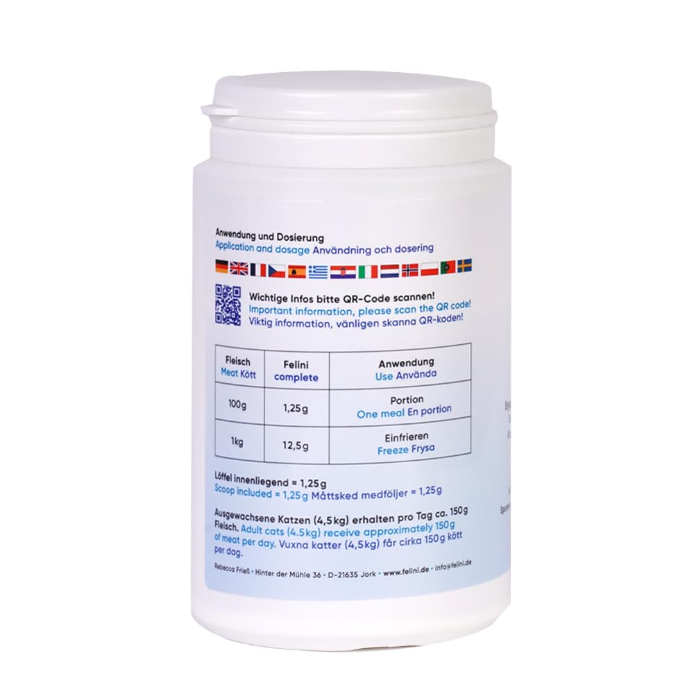 Felini Complete 250g - Ergänzungsfuttermittel für Katzen | Vitamine & Mineralstoffe, Mit Taurin, Für rohes und gekochtes Fleisch, Allergikerfutter geeignet, Frei von Füllstoffen