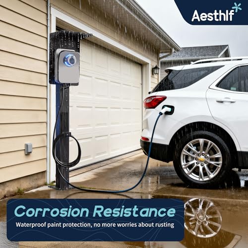Image of Outdoor EV Charger Pedestal for Tesla & J1772 Charger with Roof | Heavy-Duty Rugged Stand, Anti-wobble Stable Base, Anti-Rust Finish, Handy Organizer Keeps Cable Tidy, Rain & Leaf Protection