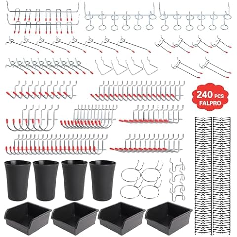 FALPRO 240PCS Pegboard Hooks Assortment, Pegboard Accessories Organizer Kit with Pegboard Bins, Pegboard Cups, 1/8 and 1/4 inch Peg Board Hooks for Hanging Tools, Garage Pegboard Wall Organization Cover