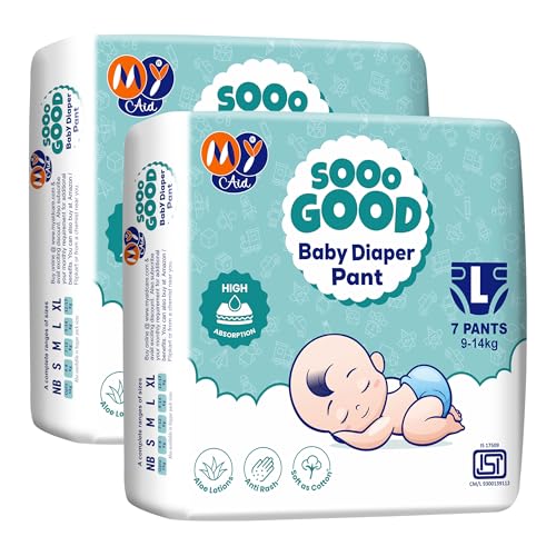 Image of SOOO GOOD Baby Diaper Pants With Aloe Lotion & Wetness Indicator | Soft & Comfortable | Fast Absorption, Rash-Free, Leak-Proof, Large Size (L) 9-14 kg, 14 Count, Pack of 2