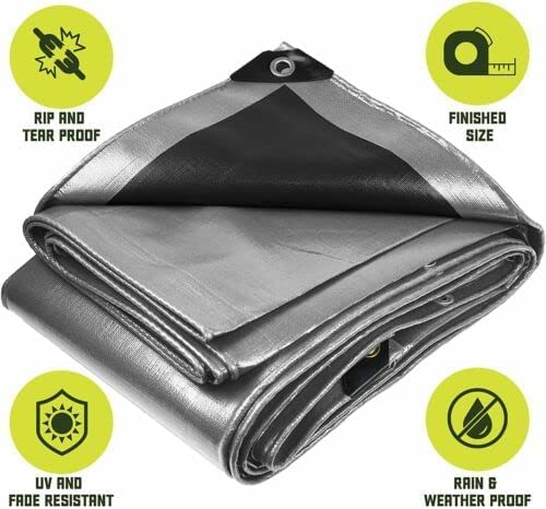 20x30 Heavy Duty Tarp Cove Multi Purpose Protective Cover - Durable, Waterproof, Weather Proof, Rip and Tear Resistant Extra Thick 14 Mil Polyethylene, Silver-black