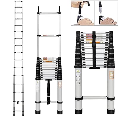 Telescoping Ladder Aluminum Extension Ladder with Roof Hooks 20FT Portable Telescopic Ladder Collapsible Ladder for RV 2 Detachable Hooks Folding Attic Ladder for Home Outdoor 330lb Capacity