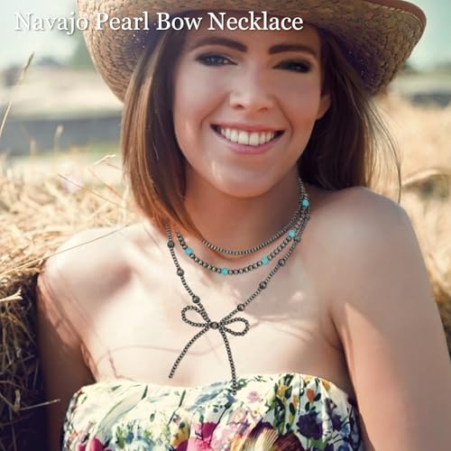 3PCS Navajo Pearl Necklace for Women Western Necklaces for Women Stackable Cowgirl Navajo Pearl Bow Necklace2