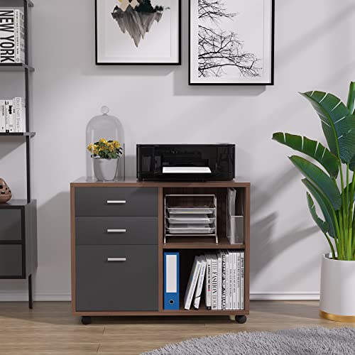 Kevinspace 3 Drawer Office File Cabinet, Wood Mobile Lateral Filing Cabinet Printer Stand With Open Storage Shelf, Rolling File Cabinet On Wheels For Home Office, Walnut&Dark Grey #TOP6