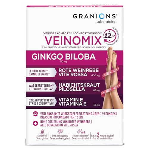 Durchblutung & Wassereinlagerungen - Veinomix - Mit Ginkgo Biloba, Rosskastanie & Magnesium - 60 teilbare Tabletten - 2-Monats-Kur - Gegen schwere Beine & für gesunde Venen - Glutenfrei - GRANIONS