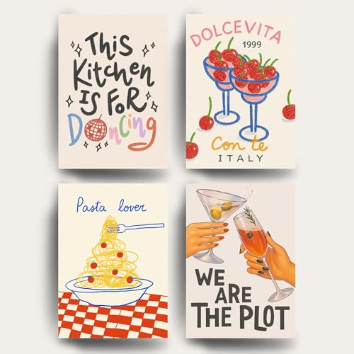 Yellow Town India THIS KITCHEN IS FOR DANCING Art Prints | Set of 4 A4 Posters with Wall Friendly Adhesive | 300 GSM Unframed Girly Moodboard Aesthetic Posters for Room Decor