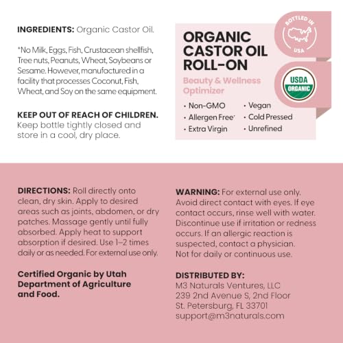 Image of Organic Cold Pressed Castor Oil Roll-On, USDA Organic, 3 fl oz by M3 | Moisturizing Care for Hair, Skin & Brows, Nourishes Dry Hair & Scalp, Hexane-Free, Non-GMO, Mess-Free Applicator