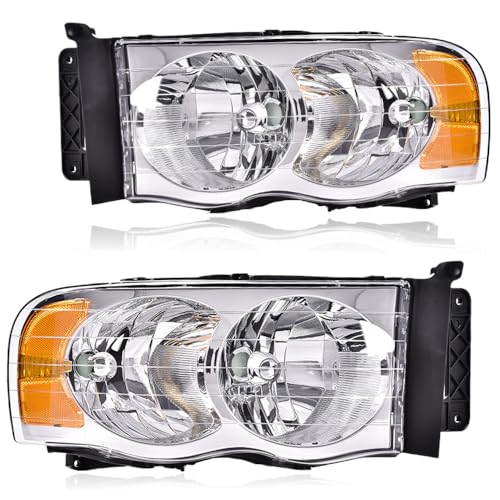 PIT66 Headlight Assembly Compatible with 2002-2005 Dodge Ram 1500/ Fit 03-05 Dodge Ram 2500 3500 Headlamp Assembly Clear lens Chrome Housing Amber Reflector