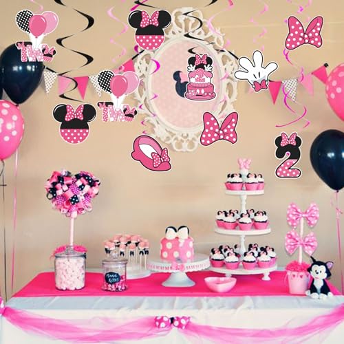 Image of Pink 2nd Birthday Hanging Swirl Decorations,Mouse Birthday Party Ceiling Streamers,Pink Mouse Theme Party Supplies,Party Favors for Girls Kids(38 Pcs)
