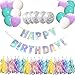 Produktbild O CAT Geburtstagsdeko, Kindergeburtstag Deko 1 Girlande Alles Gute Zum Geburtstag Happy Birthday + Ein Set mit 18 Quaste + 5 Transparente Konfettiballons + 15 Geperlte Ballons
