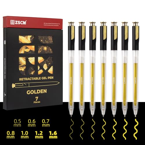 ZSCM Retractable Gold Gel Pen 7 Nib Sizes - Precision Large Capacity Opaque Gold Archival Gel Ink Pens Fine Point Smooth Writing Highlighter Pens for Black Paper Note Taking Aesthetic Art Supplies