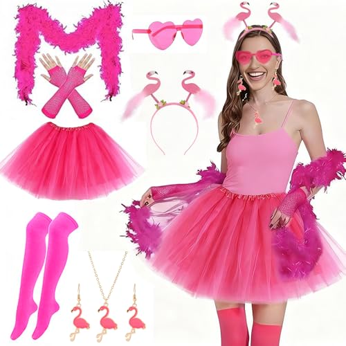 11 PCS Flamingo Kostüm Damen Erwachsene, Pink Flamingo Outfit mit Flamingo Haarreif, Tüllrock, Schal, Handschuh, Sonnenbrille, Kniehohe Socken,...