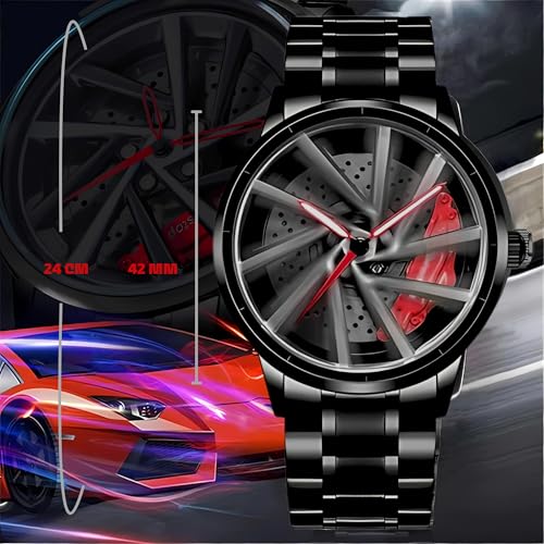 Image of HORAME 42mm Car Alloy Wheel Watch For Men, Gyro Wheel Rolling Watch For Men With Snap Lock Black Steel Chain, 30M Waterproof Round Metal Rim Rotating Watches, Analog RS7 Spinning Car Watches For Boys (Red)