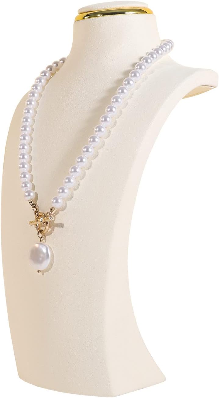 GemeShou Beige necklace display stands for selling, Velvet necklace storage organizer, Large jewelry bust organizers and storage【Beige-M height 10.2 inch】
