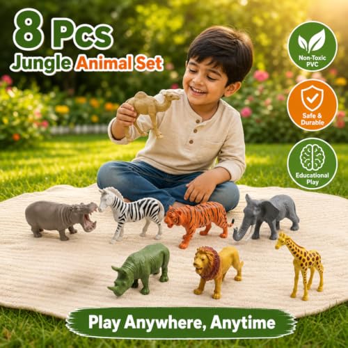 Image of ZESTHOME Big Size Jungle Animal Toy Set for Kids | Realistic Wild Animal Figures for Learning & Play | Non-Toxic PVC | Lion Tiger Elephant Giraffe Zebra Rhino Hippo Camel | 8 Pieces |10-13 cm