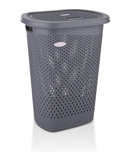 Image of Asian Plastowares - Verona Laundry Basket with Lid | Large Size | Multi-Utility Storage Basket /Bin for Clothes, Toys, Kitchen & Household | BPA Free | Durable & Space-Saving | Dark Grey