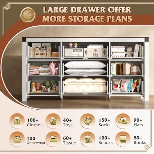 WLIVE Dresser for Bedroom, 63" Wide 9 Drawer Farmhouse Dresser Storage Organizer, Wood Chest of Drawers for Bedroom, TV Stand for 70 inch TV, for Living Room, Hallway, Ball Bearing Slide (White) - Image 4