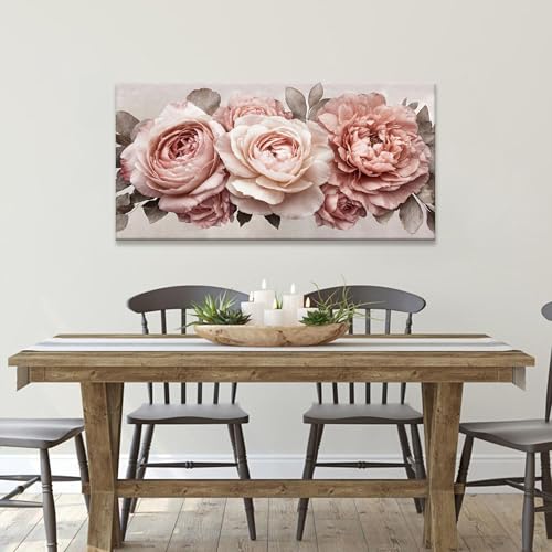 Image of TAIJXAGSG Wall Art For Living Room Prints Flower Painting White Wall Art Modern Pink Flower Canvas Art Wall Decor Suitable Picture For Bedroom Apartment Office Home Wall Decor Can Be Hung 24 inchX 48 inch