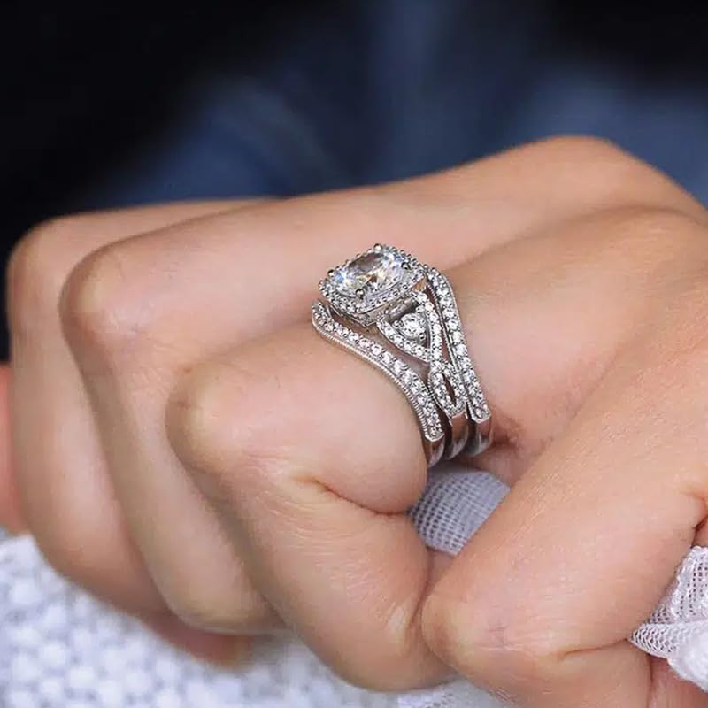 LRESJJIUJ 3 PCS 925 Sterling Silver Stackable Engagement Rings Set Cubic Zirconia Eternity Bands Wedding Promise Rings for Women Princess Emerald Cut CZ Stackable Wedding Ring 104