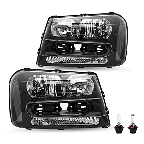 SOCKIR Headlight Assembly for 2002-2009 Chevy Trailblazer Full Length Grill Bar Driver Passenger Side w/Bulbs (Black Housing with Clear Reflector)
