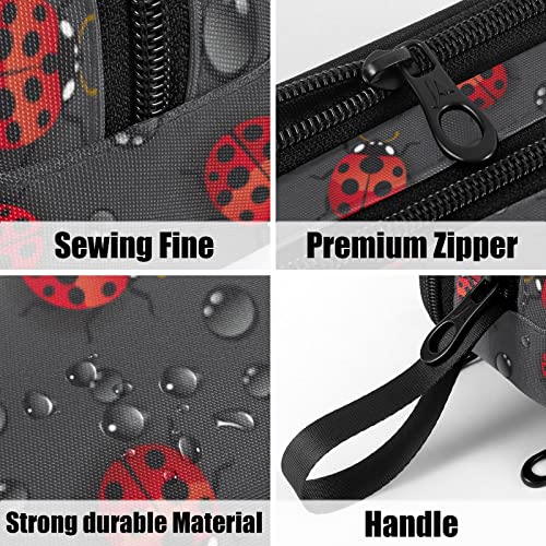 Image of Fustylead Red Ladybugs Large Pencil Case, Minimalist Portable Stationery Bag Cosmetics Bag with Handle for Middle High College School Office Travel