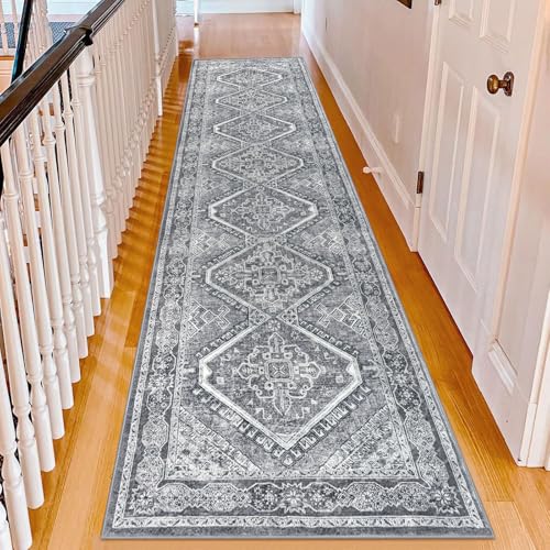 KUTA Oriental Kitchen Runner Rug, 2.6x10 Vintage Grey Washable Hallway Rugs Non-Slip Ultra Soft Printed Distressed Tribal Farmhouse Carpet for Bedroom Living Room Nursery Playroom