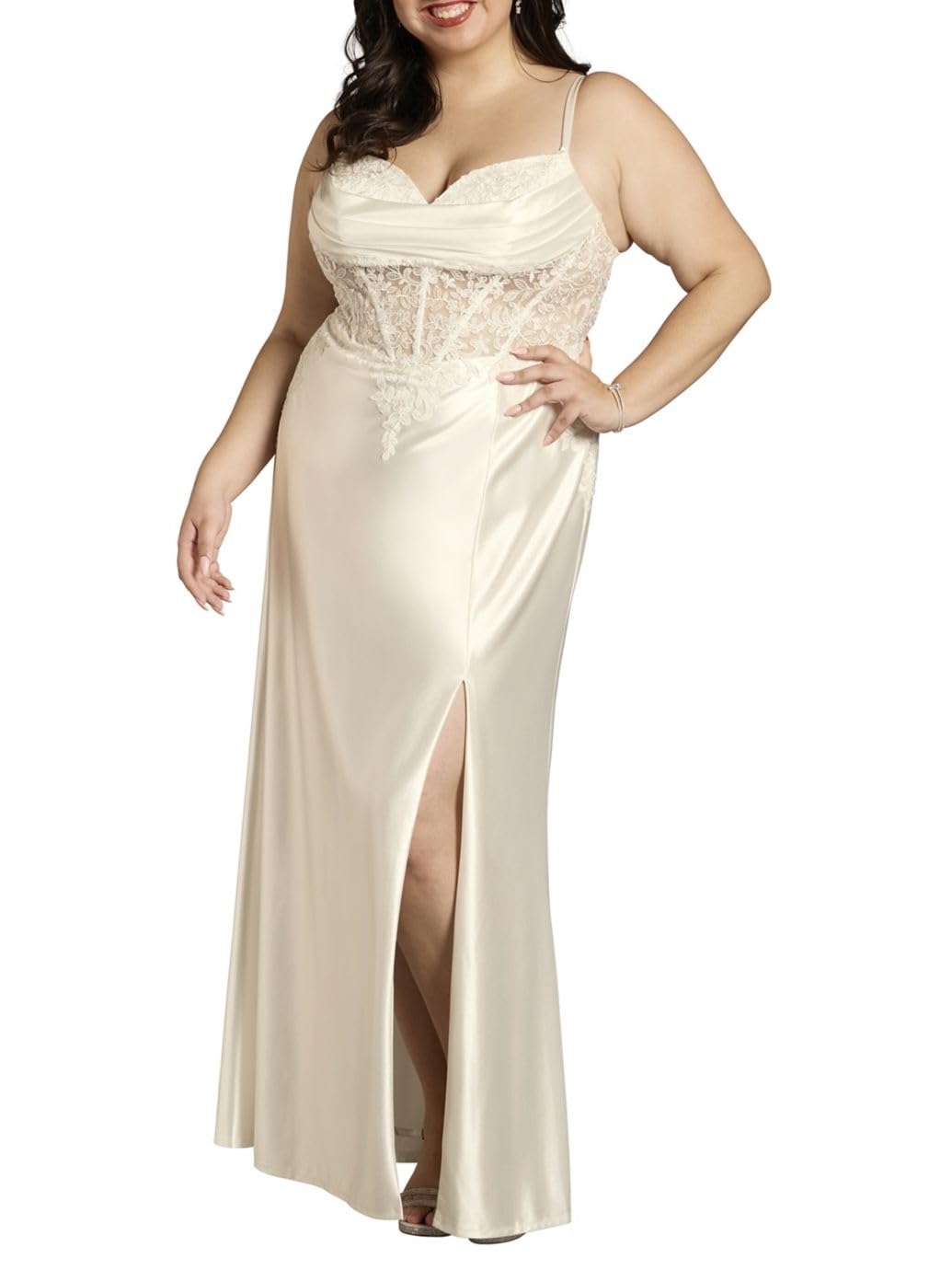 Photo 1 of David's Bridal Sculpting Satin Illusion Lace Bodice Mermaid Dress, Women's Size 10, Soft White