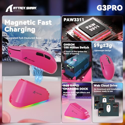 Image of MAMBASNAKE ATTACK SHARK G3PRO Wireless Gaming Mouse,Tri-Mode, Bluetooth /2.4G /USB, 59g Ultra Lightweight,25K DPI,100M Clicks Switches,RGB Magnetic Charging Dock,PAW3311 Sensor,BK52820 Chip-Red