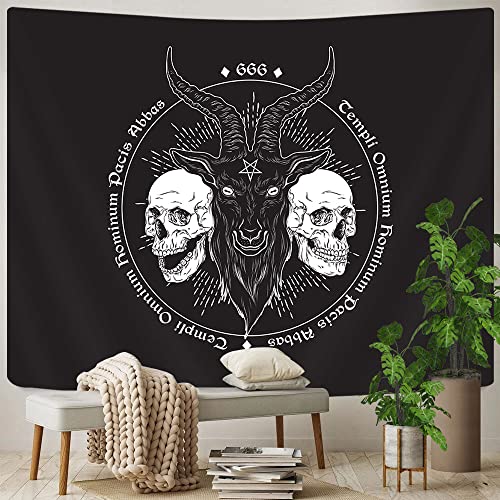 Baphomet Pentagram Satanic Tapestry, Gothic Demon Goat Head Skulls Tattoo Symbol Tapestry, Black And White Divination Devil Satanic Tapestry For Bedroom Living Room Dorm College 60X40 Inches #TOP2