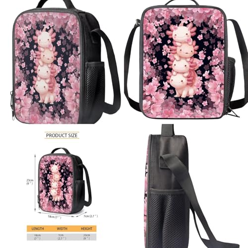 COEQINE Pink Axolotl School Backpack Set With Water Bottle Holder for Kids Girls Lightweight Customized Bookbag for Toddler Girls with Name Custom Personalized Lunchbox for Adult Work 4 Pcs4