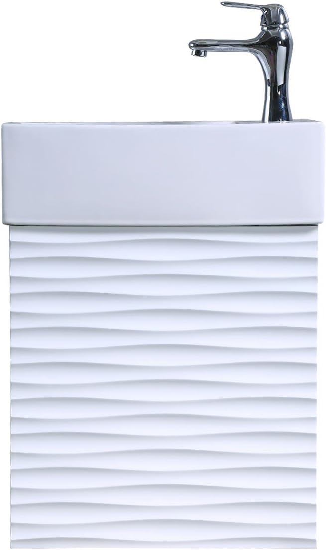 Ripple Narrow Wall Mount Cabinet Vanity Sink, White, 17.75 in