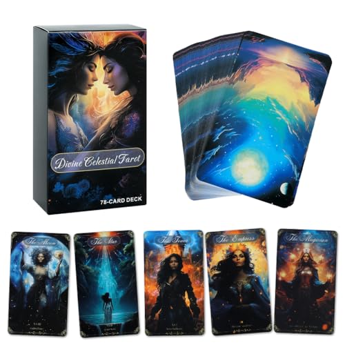 Image of Zibuyu Divine Celestial Tarot Deck, 78-Card Standard Tarot Card Deck with Major & Minor Arcana, Fantasy Cosmic Art Tarot Cards, Thick Cardstock for Divination, Spiritual Reading & Collection