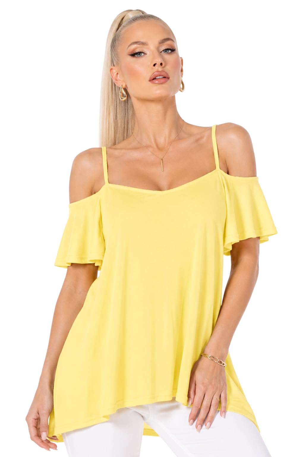 Eye Catch Women’s Cold Shoulder Swing Top UK 8-24 Plus Size | Floaty Frill Sleeve Tunic Blouse | Summer Holiday Evening Top