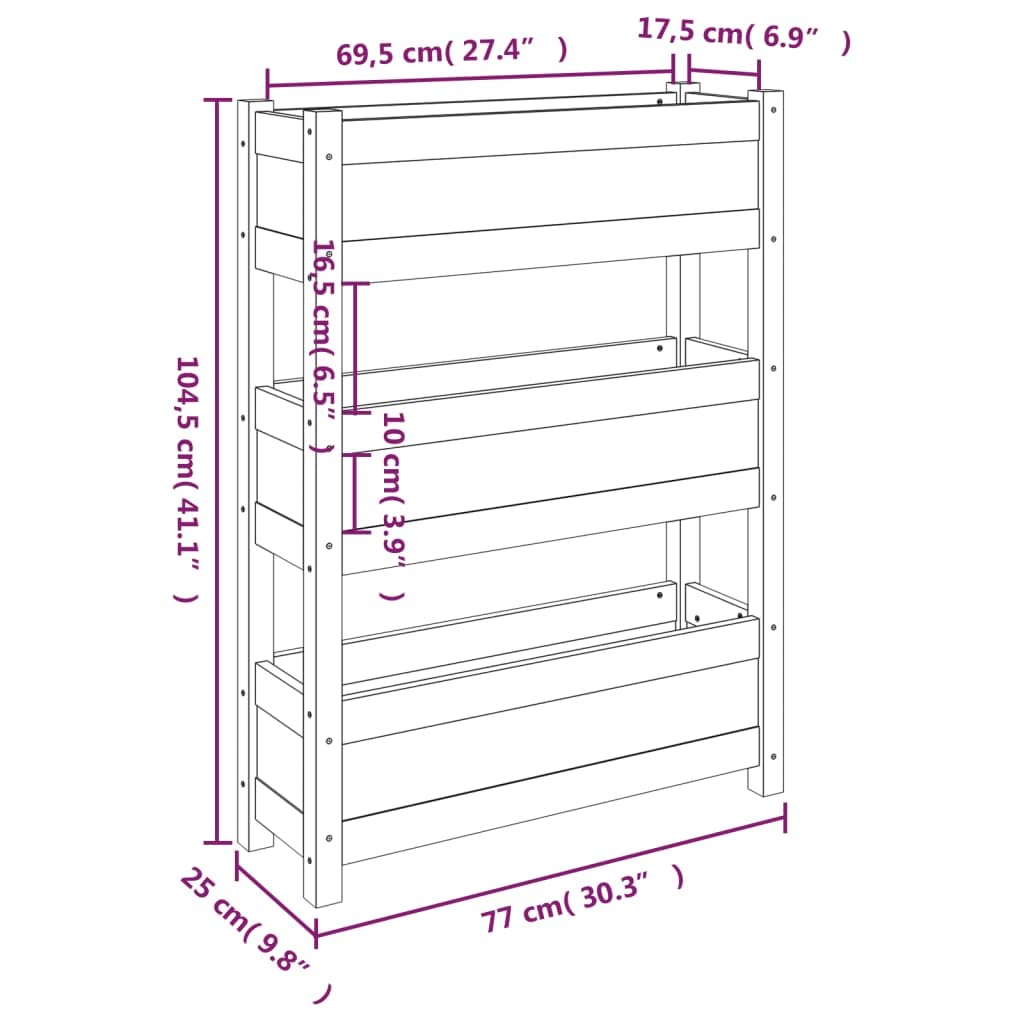 Pflanzkübel Grau 77x25x104,5 cm, Hochbeet Holz mit 3 Etagen, Vertikales Pflanzenregal aus Massivholz Kiefer für Balkon Terrasse Garten und Wohnzimmer Dekoration