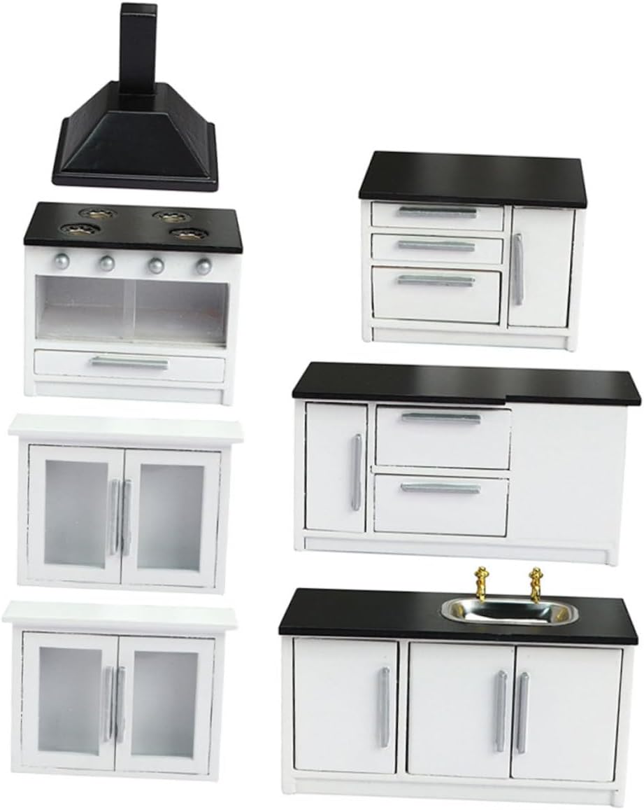 Miniature Wooden Dollhouse Furniture Kitchenette Cabinet with Gas Stove Ornament for DIY Mini House Decoration