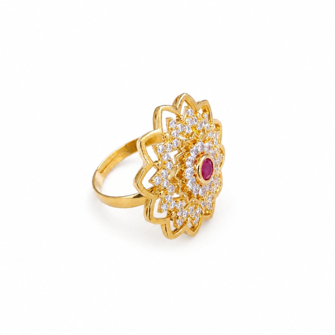 Gold Plated Floral Adjustable Ring for Women & Girls | Crystal Stone Statement Finger Ring with Ruby Red Center | Party,Wear Ethnic Cocktail Ring (HC-RNG-55)-image-12