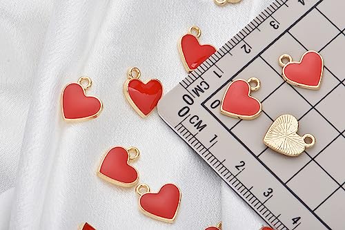 Image of Pack of 80 Side Ring Heart Red Enamel Charms Gold Plated Colored Pendants Hawaii Style Accessories for Necklace Bracelet Jewelry Making DIY Crafting