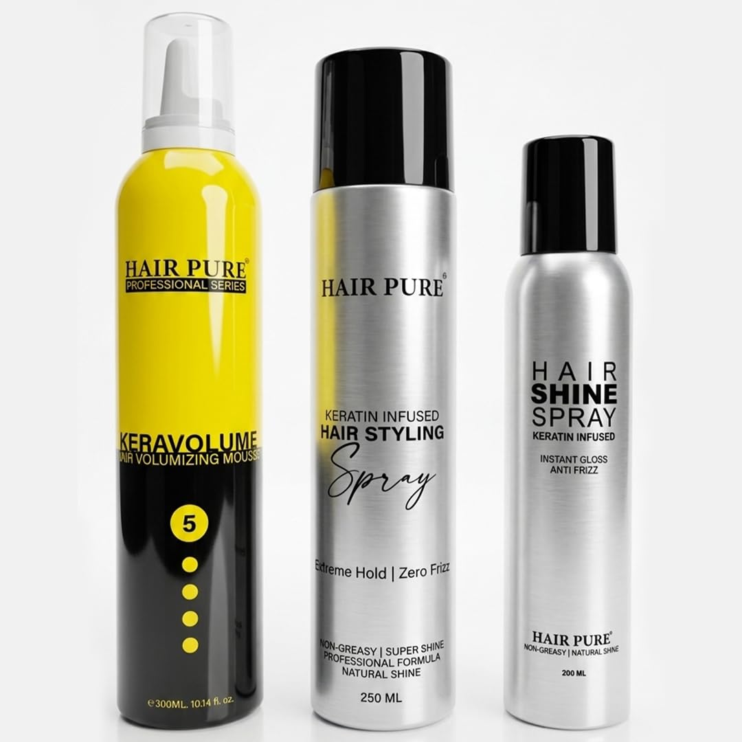 Hair Pure Professional Keratin Hair Styling Combo Kit | Volumizing Hair Mousse 300ml + Keratin Hair Spray 250ml + Instant Shine Spray 200ml | Long-Lasting Hold, Smooth Finish & Salon-Style Gloss-image-14