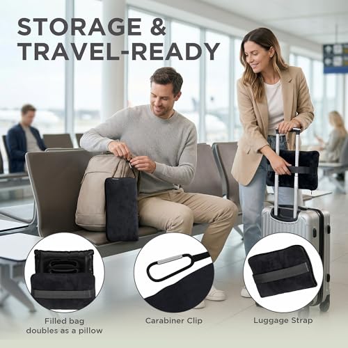 Image of Dot&Dot Twist Memory Foam Travel Pillow for Airplanes - Travel Neck Pillow for Sleeping - Airplane Pillow for Neck Support - Adjustable, Bendable Neck Roll Pillow (Black, w /Blanket)