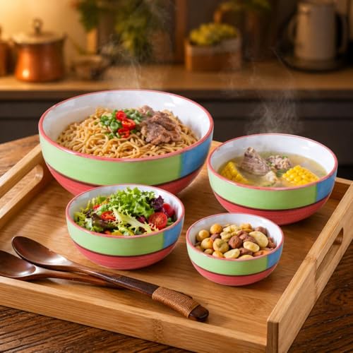 Image of Ceramic Mixing Bowl Set - 4 Pieces (1500ml, 800ml, 600ml, 400ml), Red Multi - Durable, Microwave & Dishwasher Safe - Ideal for Mixing, Serving & Storage
