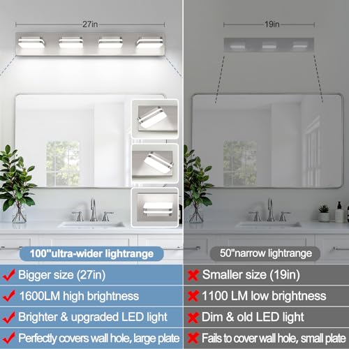 Image of Torondo 360 Rotate LED Bathroom Vanity Light Fixtures, Acrylic Vanity Lights for Bathroom, Modern Wall Lighting Fixtures Over Mirror Living, Brushed Nickel, Natural White, 4-Light, 27-Inch